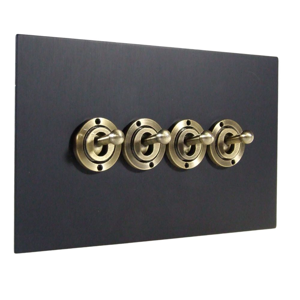 Satin Black Metal Flat Plate 4 Switch Light Switch Antique Brass Period Toggle