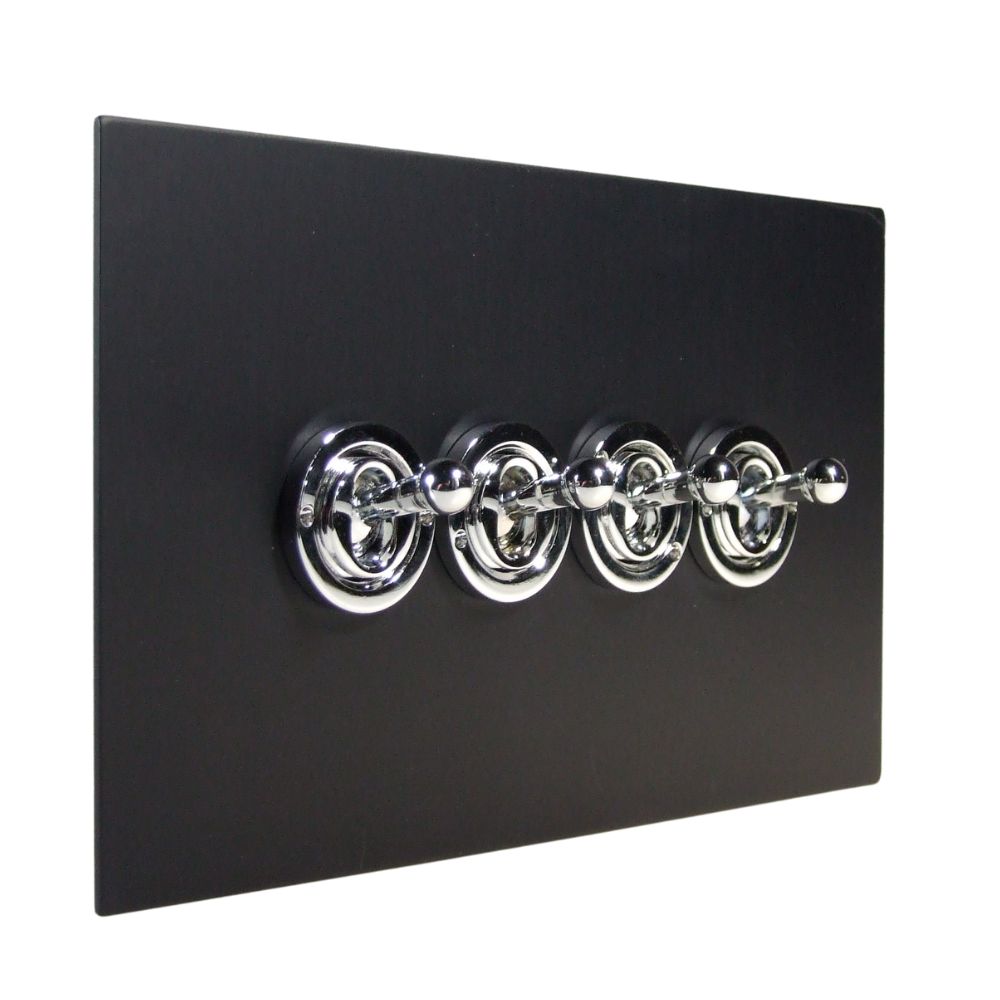 Satin Black Metal Flat Plate 4 Switch Light Switch Polished Chrome Period Toggle