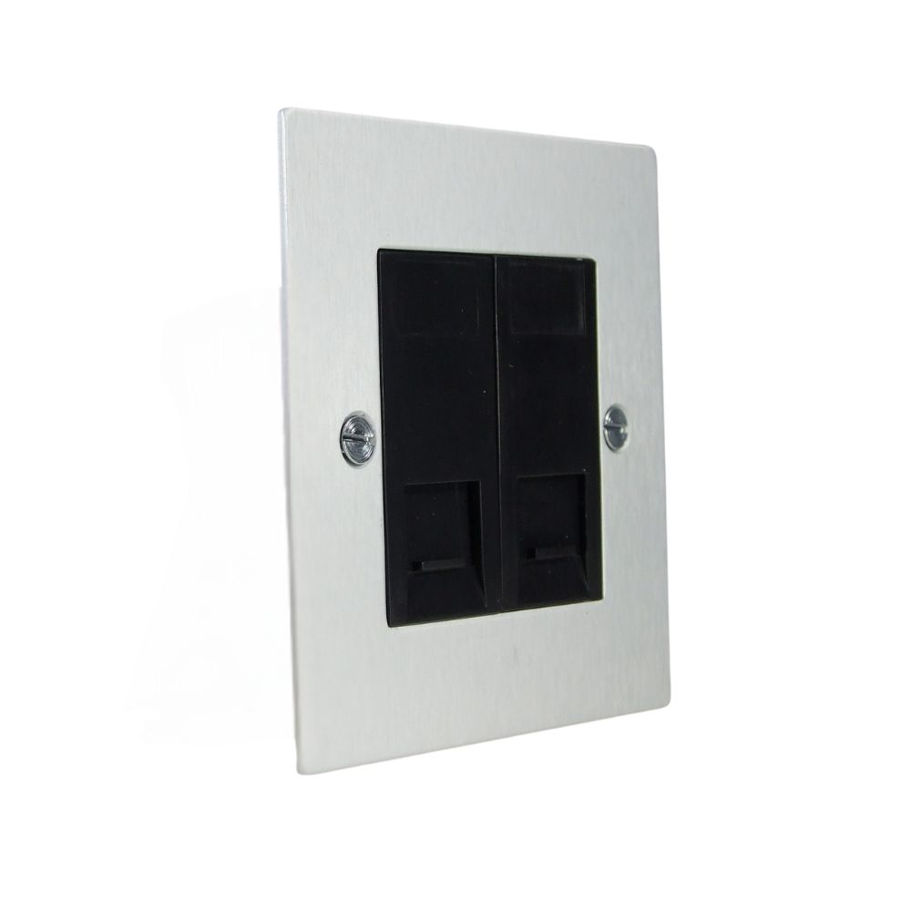 Satin Silver Metal Flat Plate2 Module RJ45 Cat 6 Black