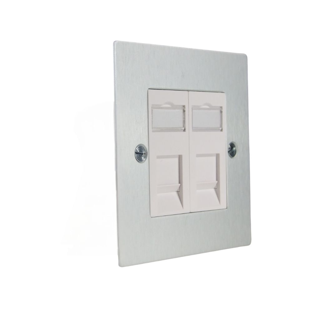 Satin Silver Metal Flat Plate Double RJ45 Cat 6 Socket White