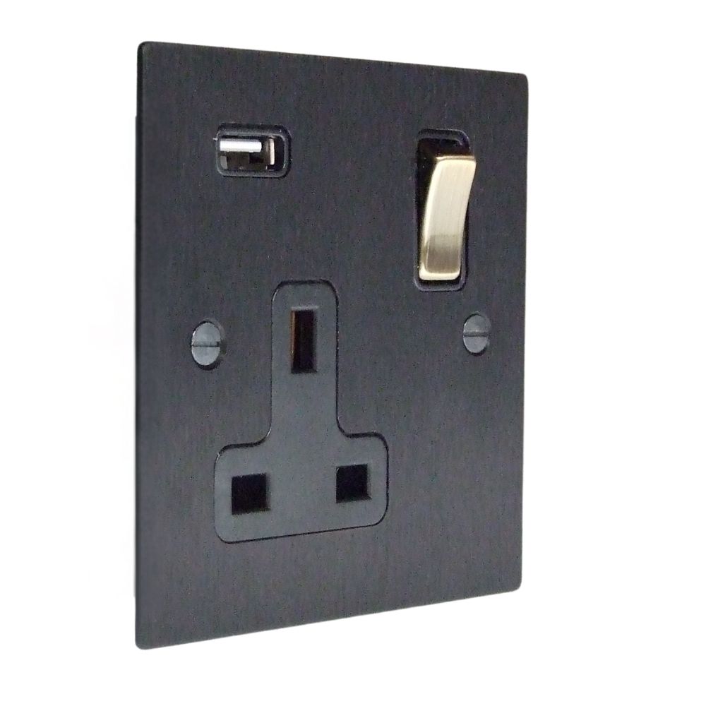 Satin Black Metal Flat Plate Single Switched USB Socket Antique Brass and Black