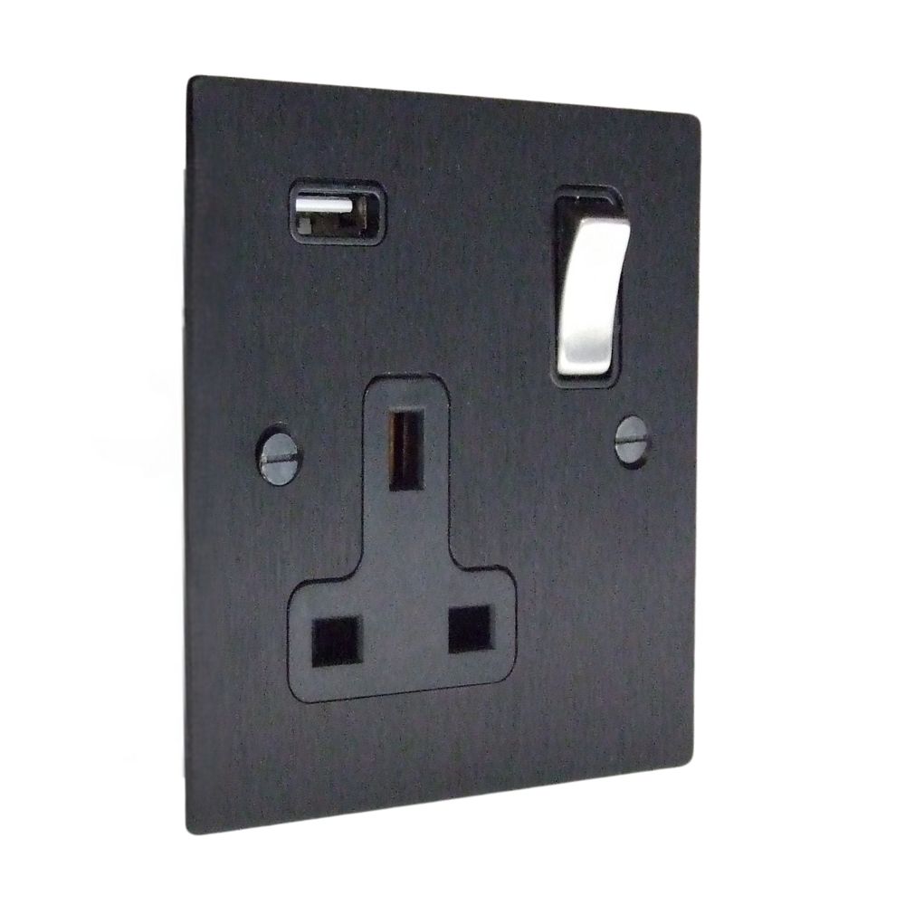 Satin Black Metal Flat Plate Single Switched USB Socket Satin Stainless and Black