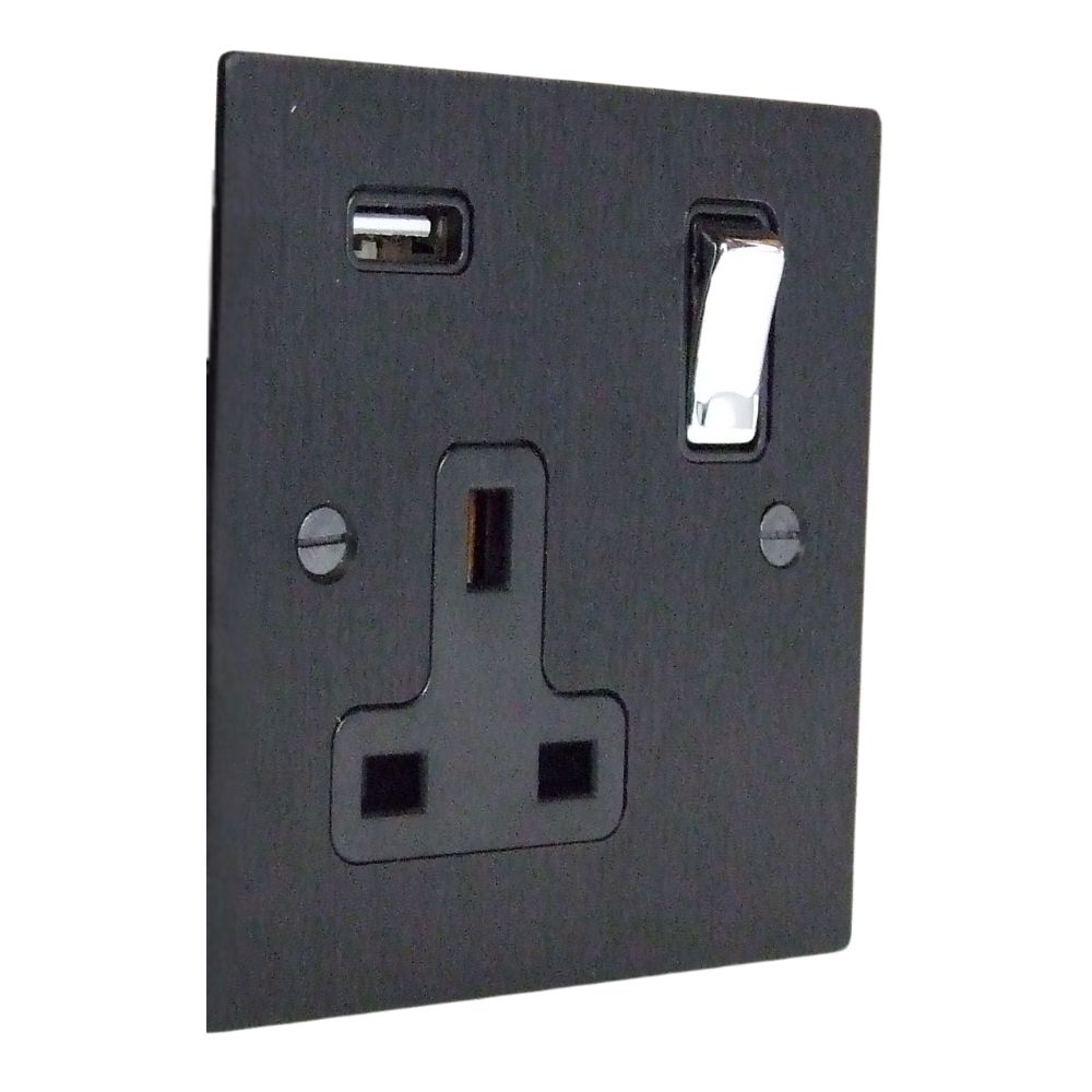 Satin Black Metal Flat Plate Single Switched USB Socket Polished Chrome and Black
