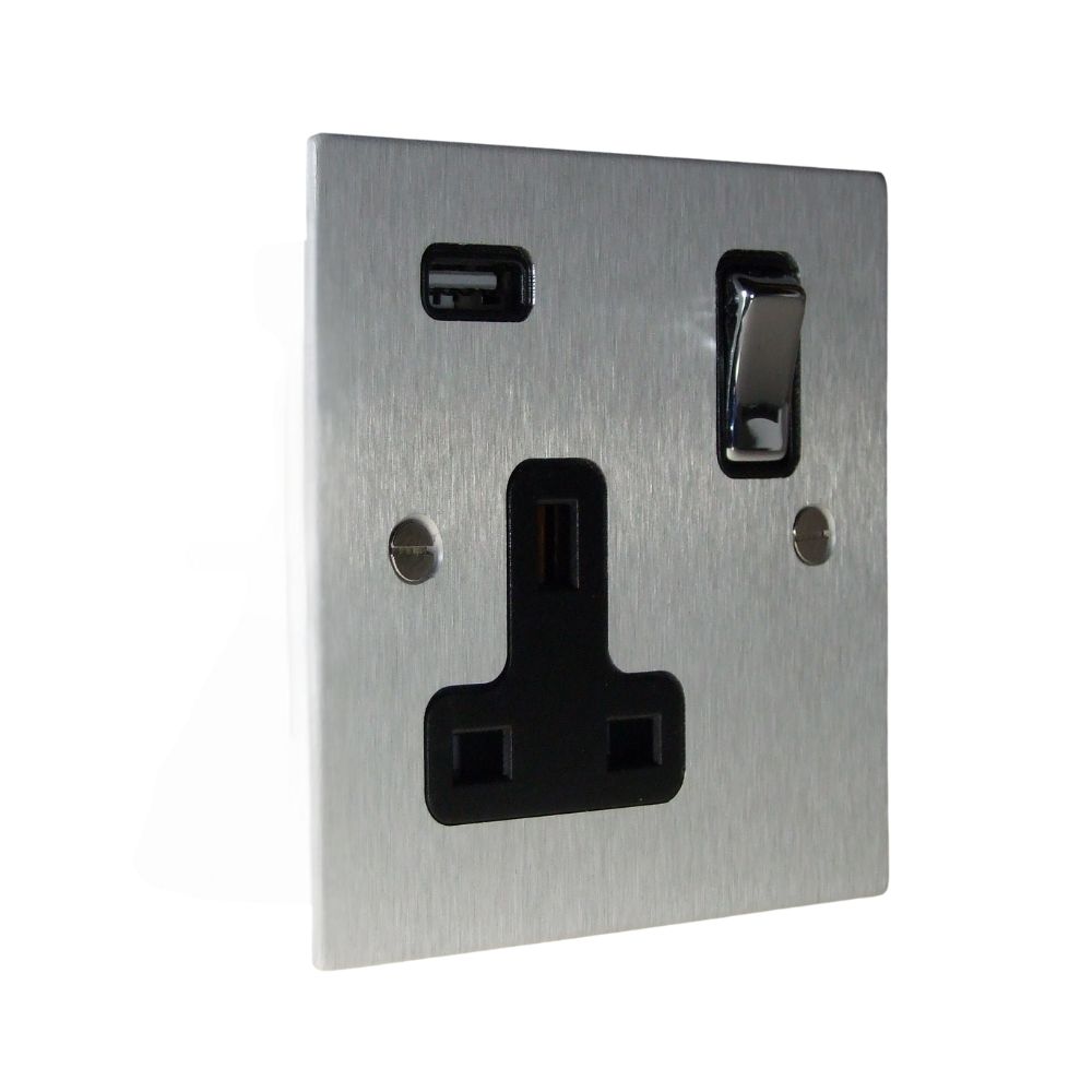 Satin Silver Metal Flat Plate Single Switched USB Socket Polished Chrome Black