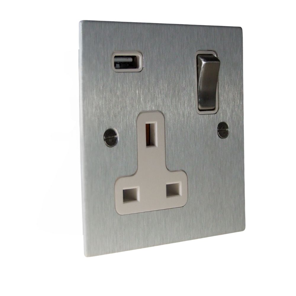 Satin Silver Metal Flat Plate Single Switched USB Socket Polished Chrome White