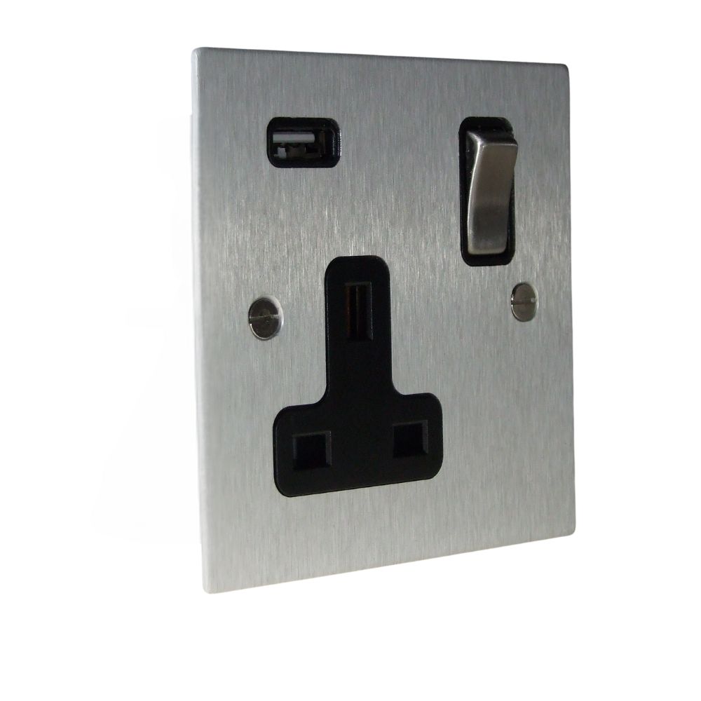 Satin Silver Metal Flat Plate Single Switched USB Socket Satin Stainless Black