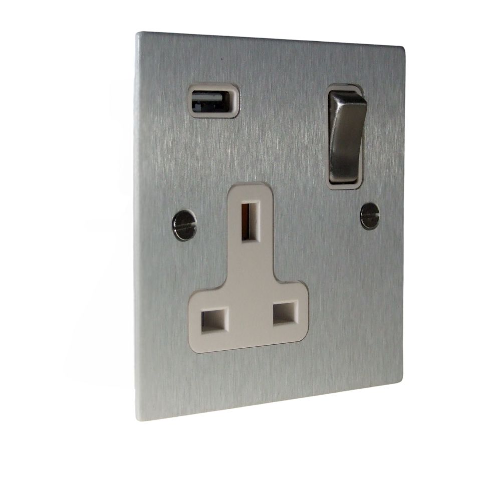 Satin Silver Metal Flat Plate Single Switched USB Socket Satin Stainless White