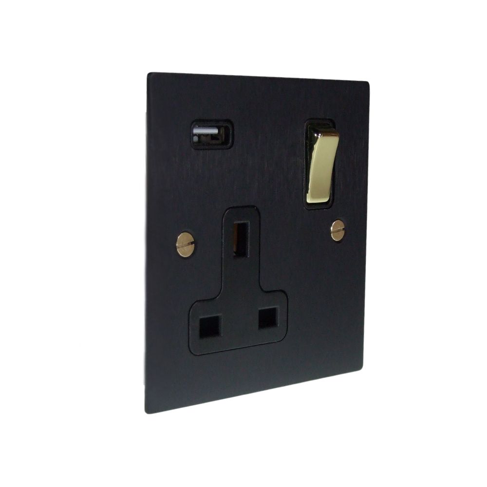 Satin Black Metal Flat Plate Single Switched USB Socket Polished Brass and Black