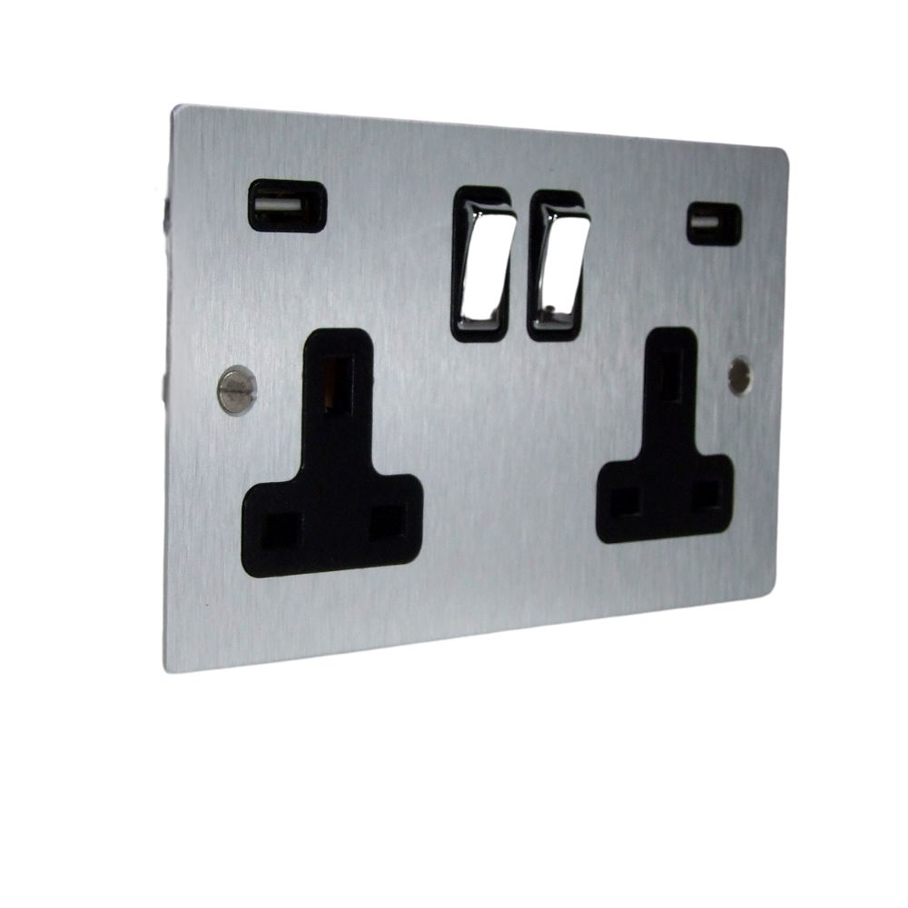 Satin Silver Metal Flat Plate Double Switched A&C USB Socket Polished Chrome Black