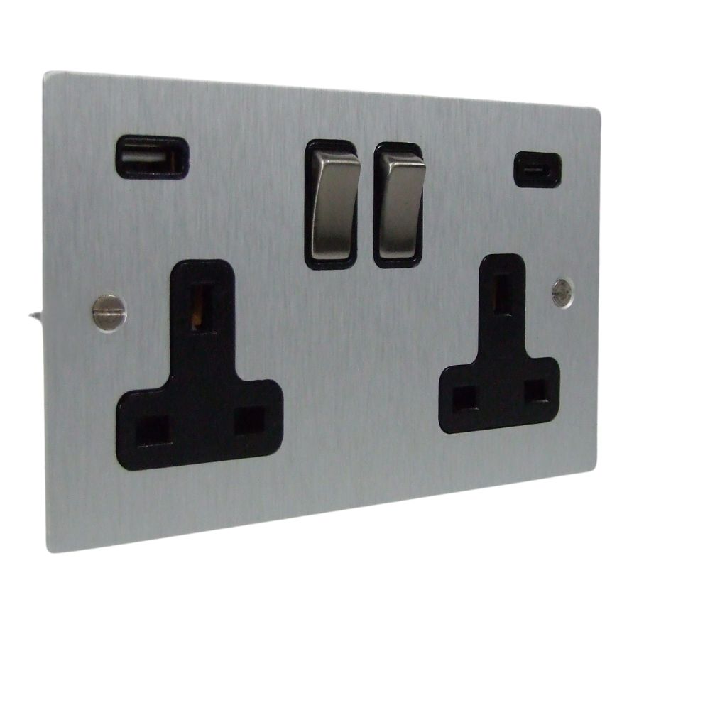Satin Silver Metal Flat Plate Double Switched A&C USB Socket Satin Stainless Black