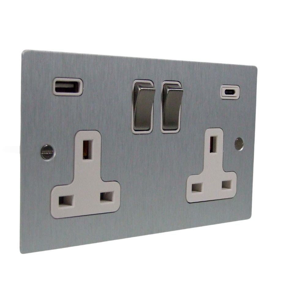 Satin Silver Metal Flat Plate Double Switched A&C USB Socket Satin Stainless White