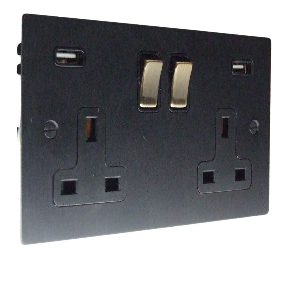 Satin Black Metal Flat Plate Double Switched USB Socket Antique Brass and Black