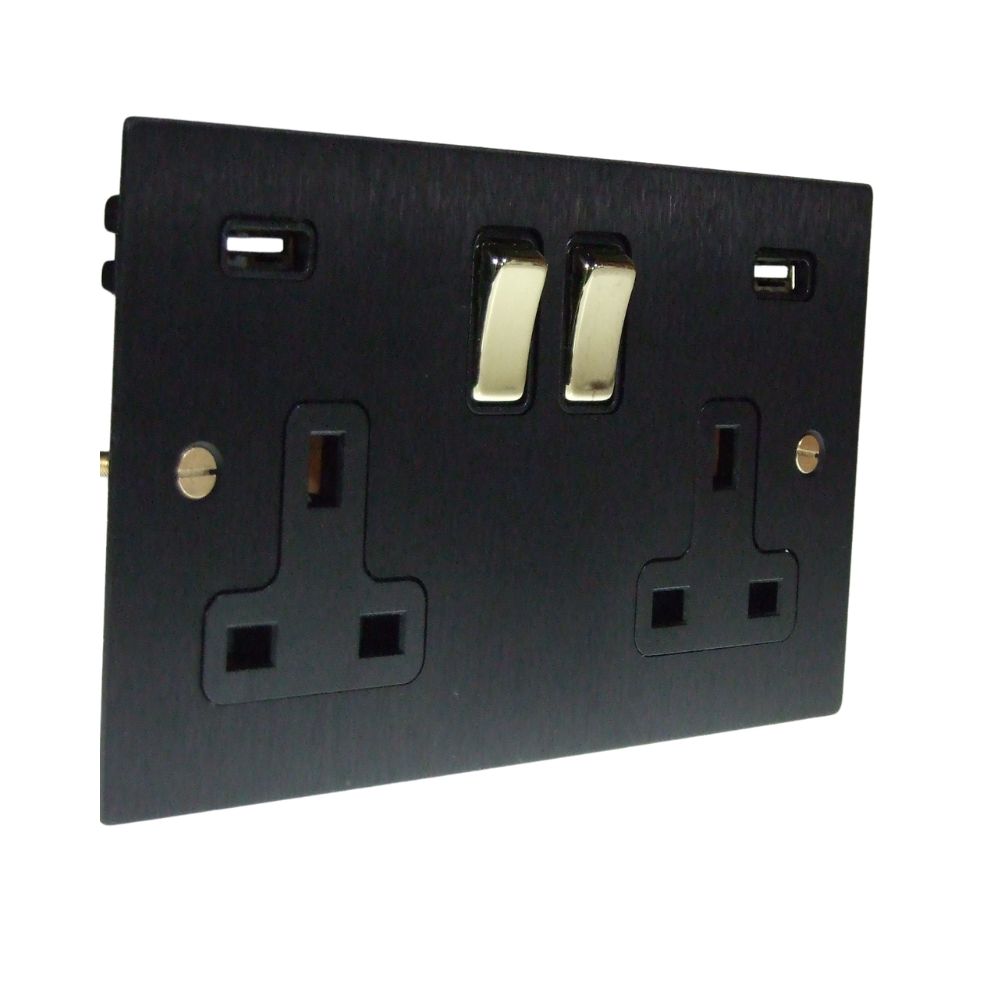 Satin Black Metal Flat Plate Double Switched USB Socket Polished Brass and Black