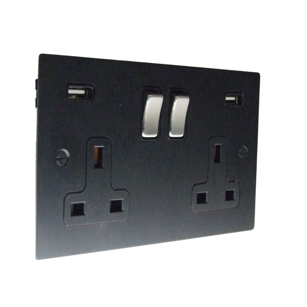 Satin Black Metal Flat Plate Double Switched USB Socket Satin Stainless and Black