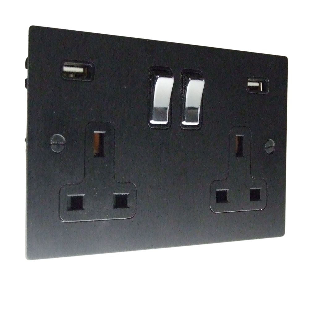 Satin Black Metal Flat Plate Double Switched USB Socket Polished Chrome and Black