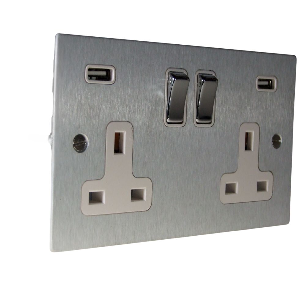Satin Silver Metal Flat Plate Double Switched USB Socket Polished Chrome White