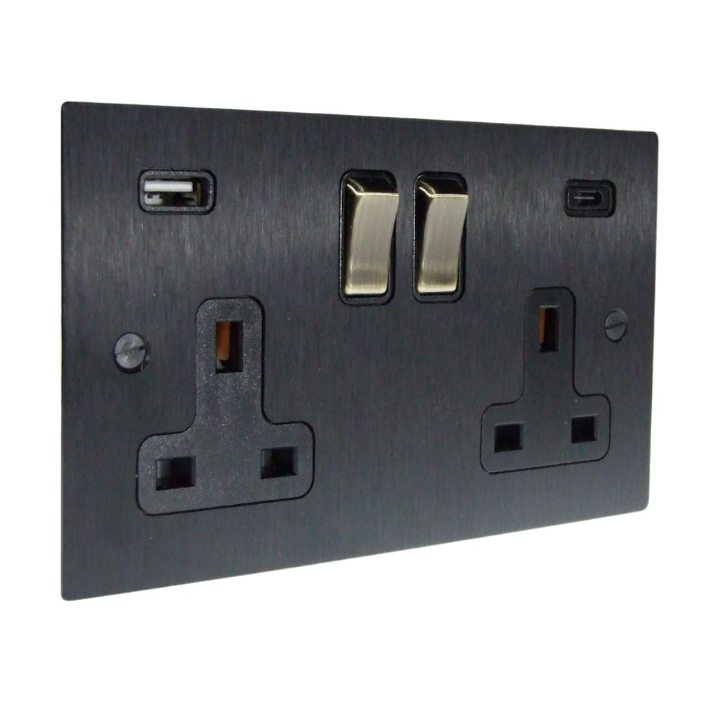 Satin Black Metal Flat Plate Double Switched USB A+C Socket Antique Brass and Black