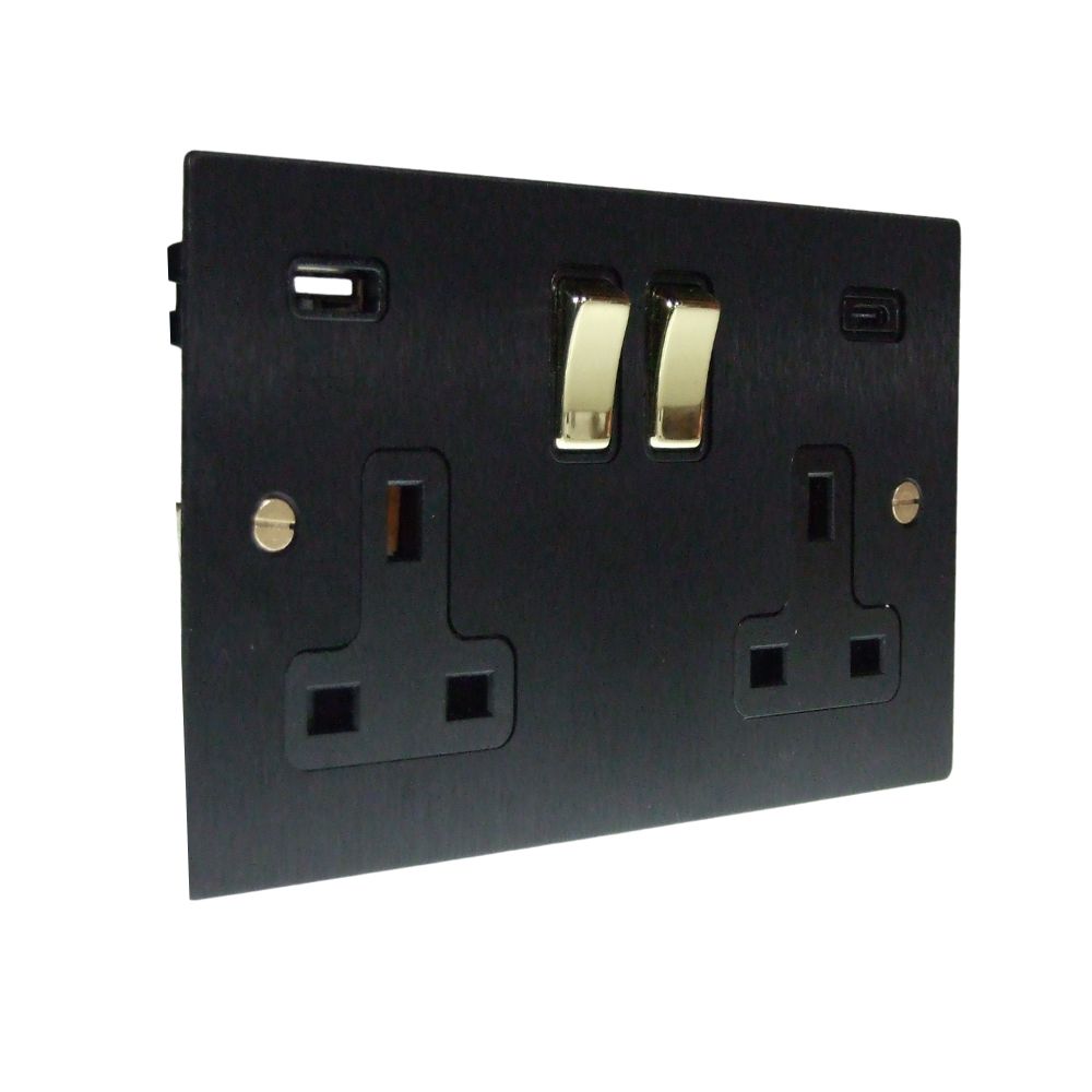 Satin Black Metal Flat Plate Double Switched USB A+C Socket Polished Brass and Black