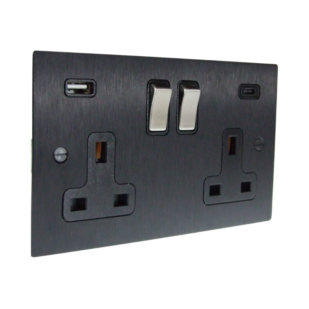 Satin Black Metal Flat Plate Double Switched USB A+C Socket Satin Stainless and Black