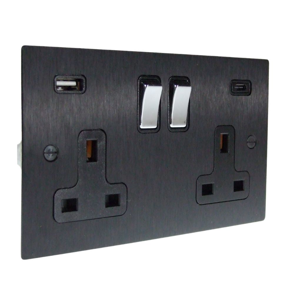 Satin Black Metal Flat Plate Double Switched USB A+C Socket Polished Chrome and Black