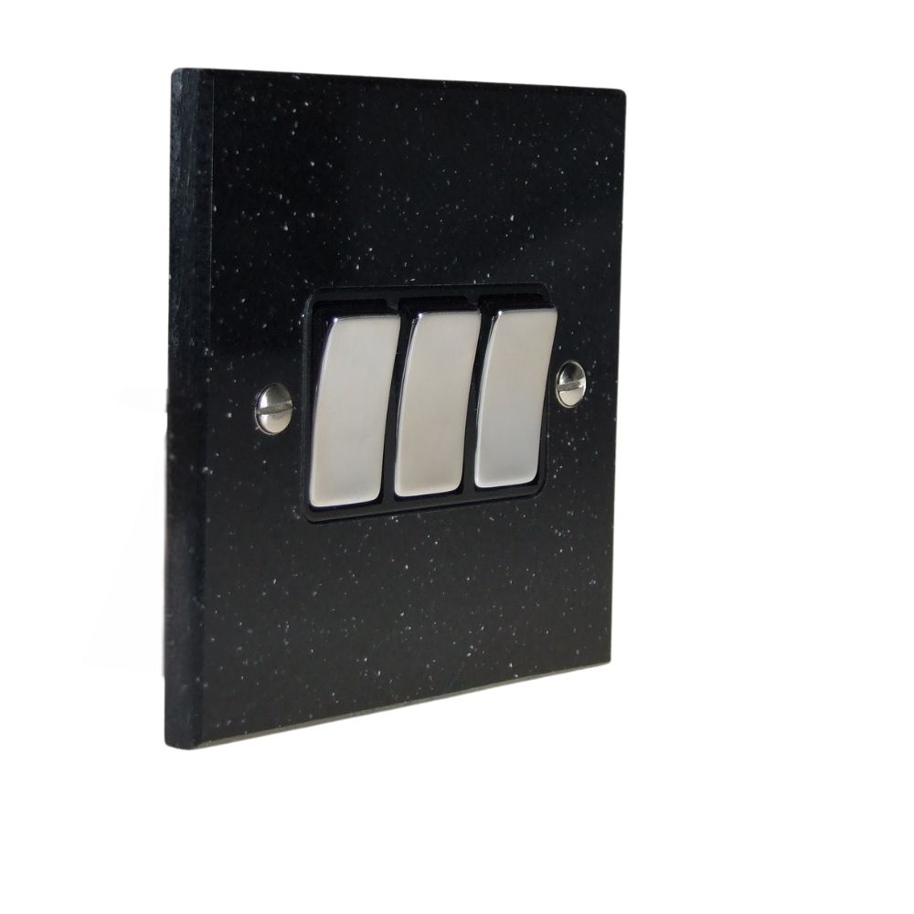 Black Pearl Acrylic Resin Triple Light Switch Satin Stainless and Black