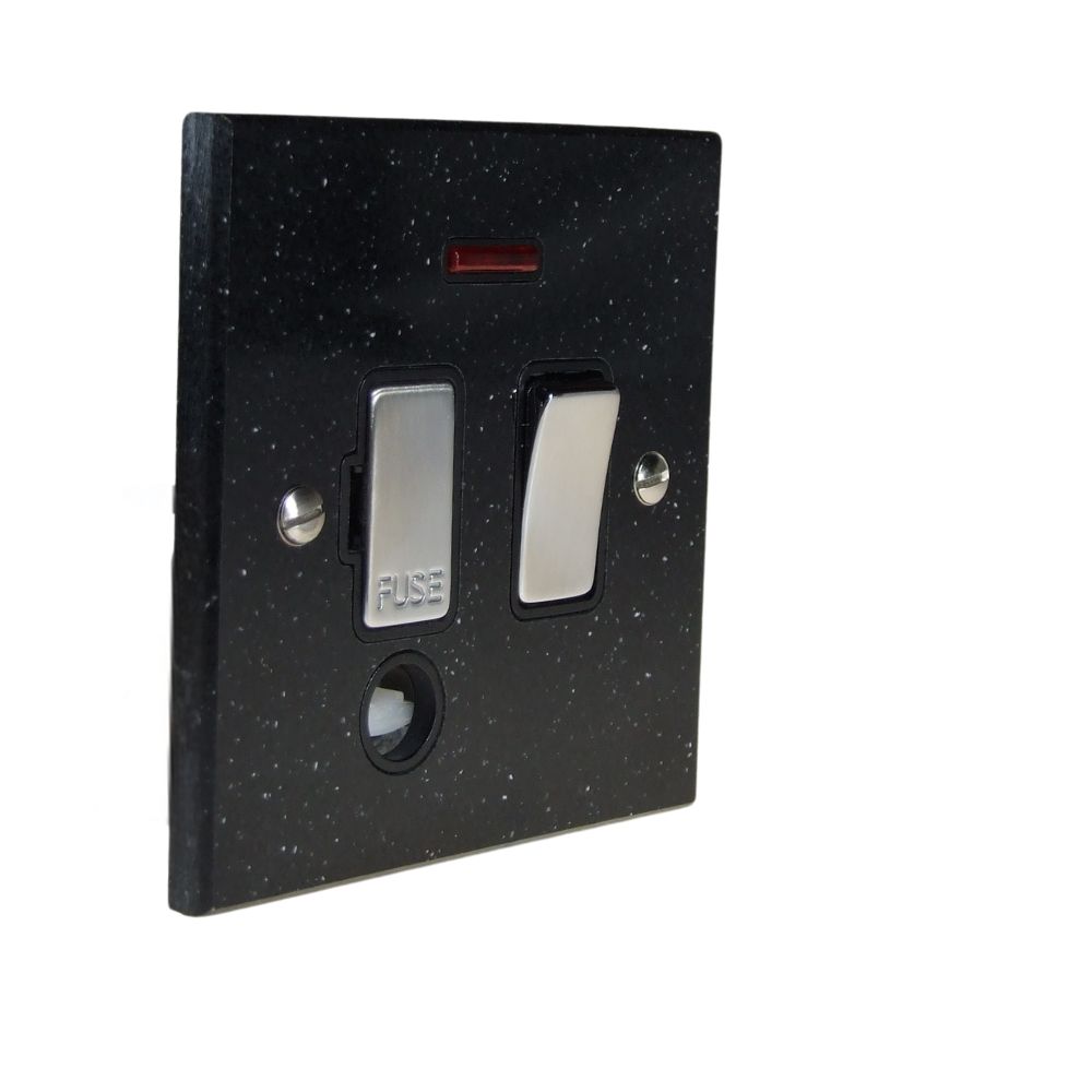 Black Pearl Acrylic Resin Single Switch Fuse Spur with Neon and Cord Outlet Satin Stainless and Black