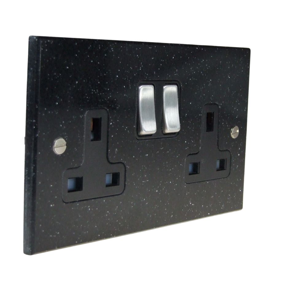 Black Pearl Acrylic Resin Double Switched Socket Satin Stainless and Black