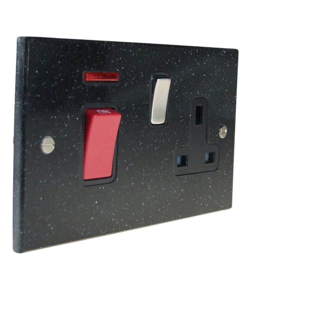 Black Pearl Acrylic Resin Double Pole Cooker Switch with Single Switched Socket Satin Stainless and Black