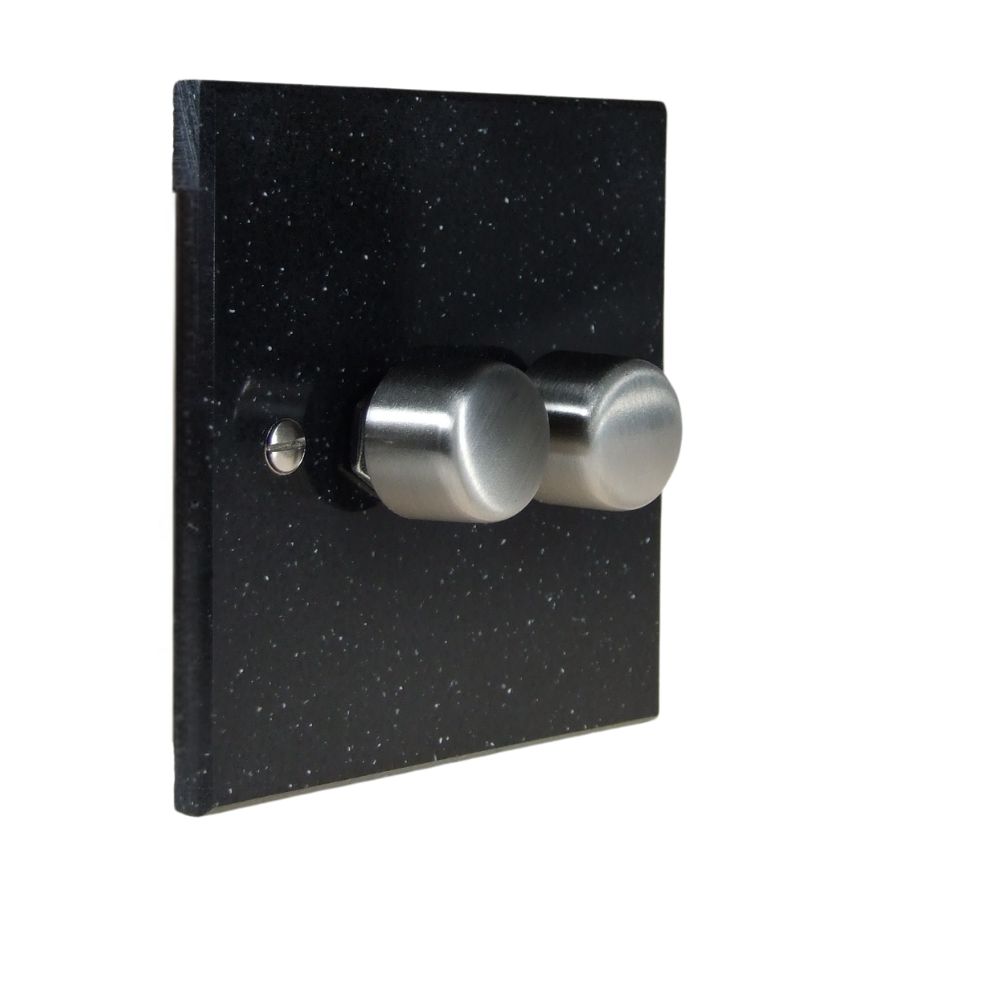 Black Pearl Acrylic Resin Double 400W Dimmer Light Switch Satin Stainless Cap