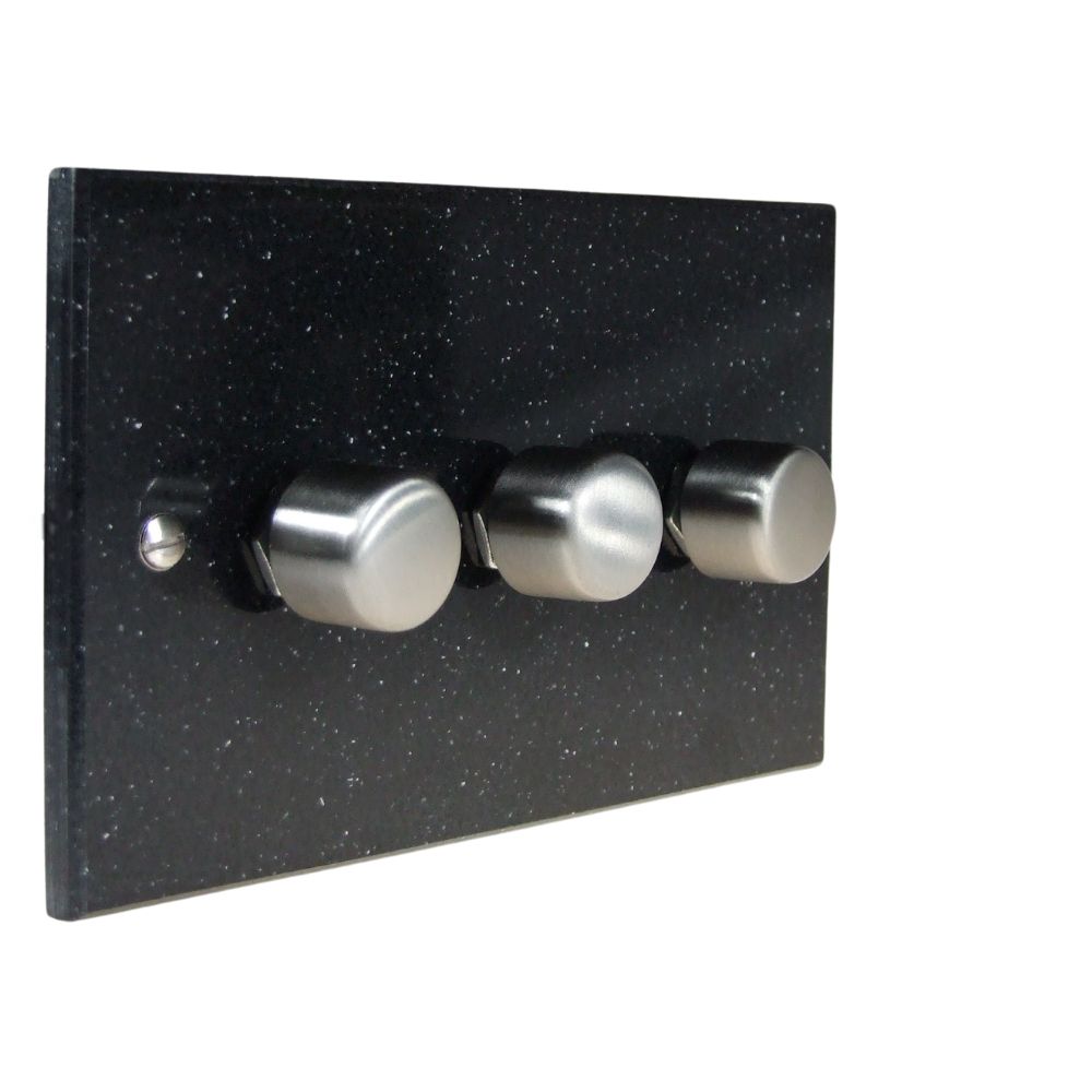 Black Pearl Acrylic Resin Triple 250W Dimmer Light Switch Satin Stainless Caps