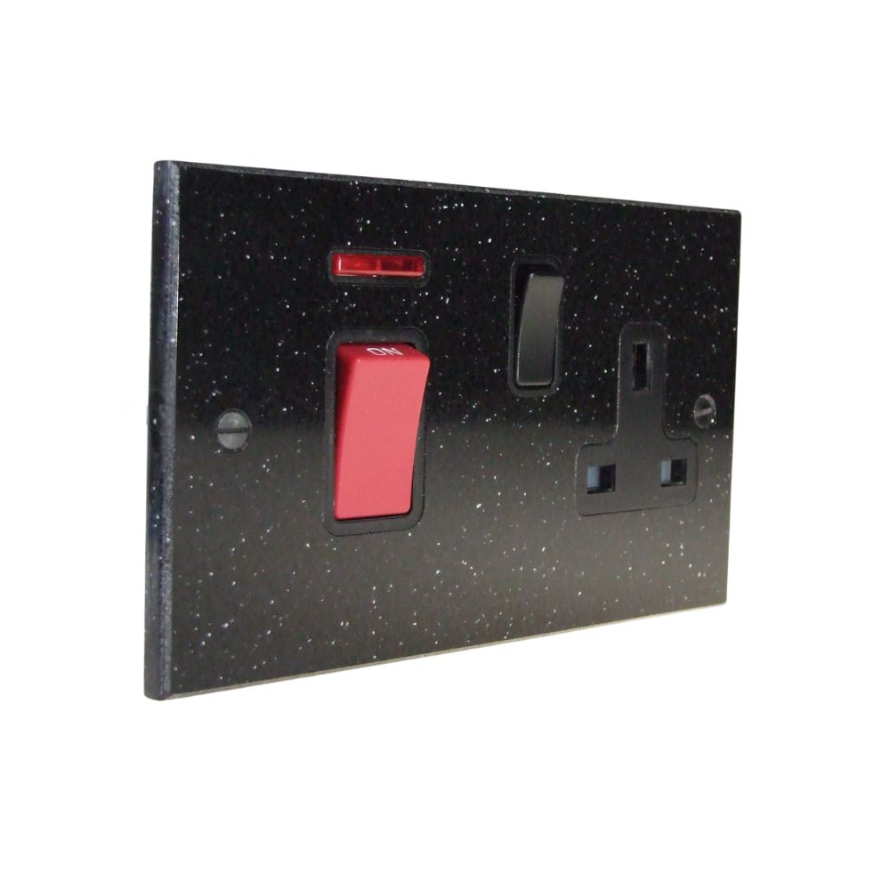 Black Pearl Acrylic Resin Double Pole Cooker Switch and Single Switched Socket Black