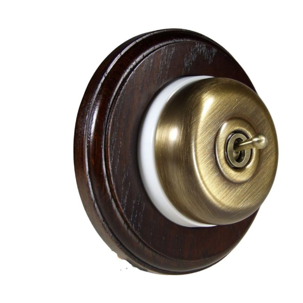 Period Smooth Antique Brass Dome Single Dolly Light Switch Dark Oak White Round Base
