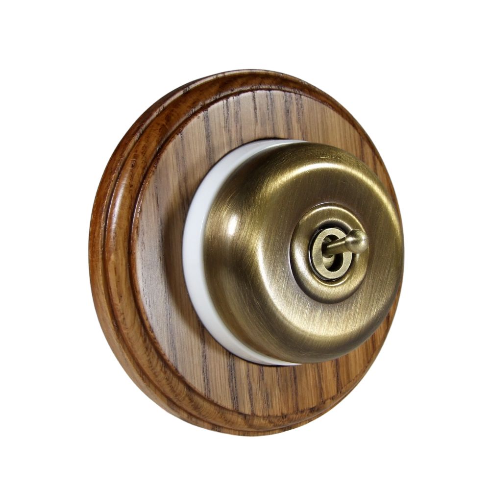 Period Smooth Antique Brass Dome Single Intermediate Dolly Light Switch Medium Oak White Round Base