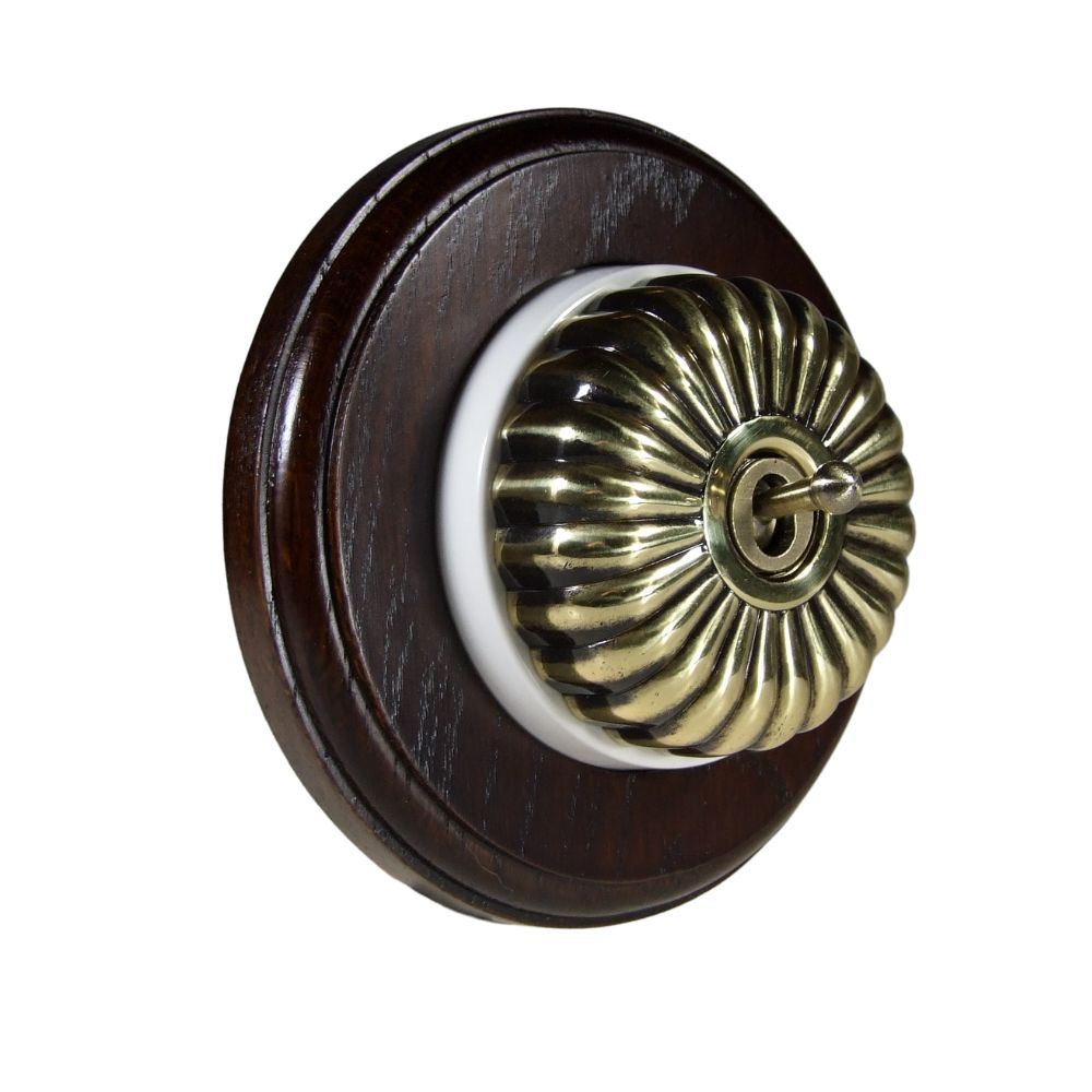 Period Fluted Antique Brass Dome Single Dolly Light Switch Dark Oak White Round Base