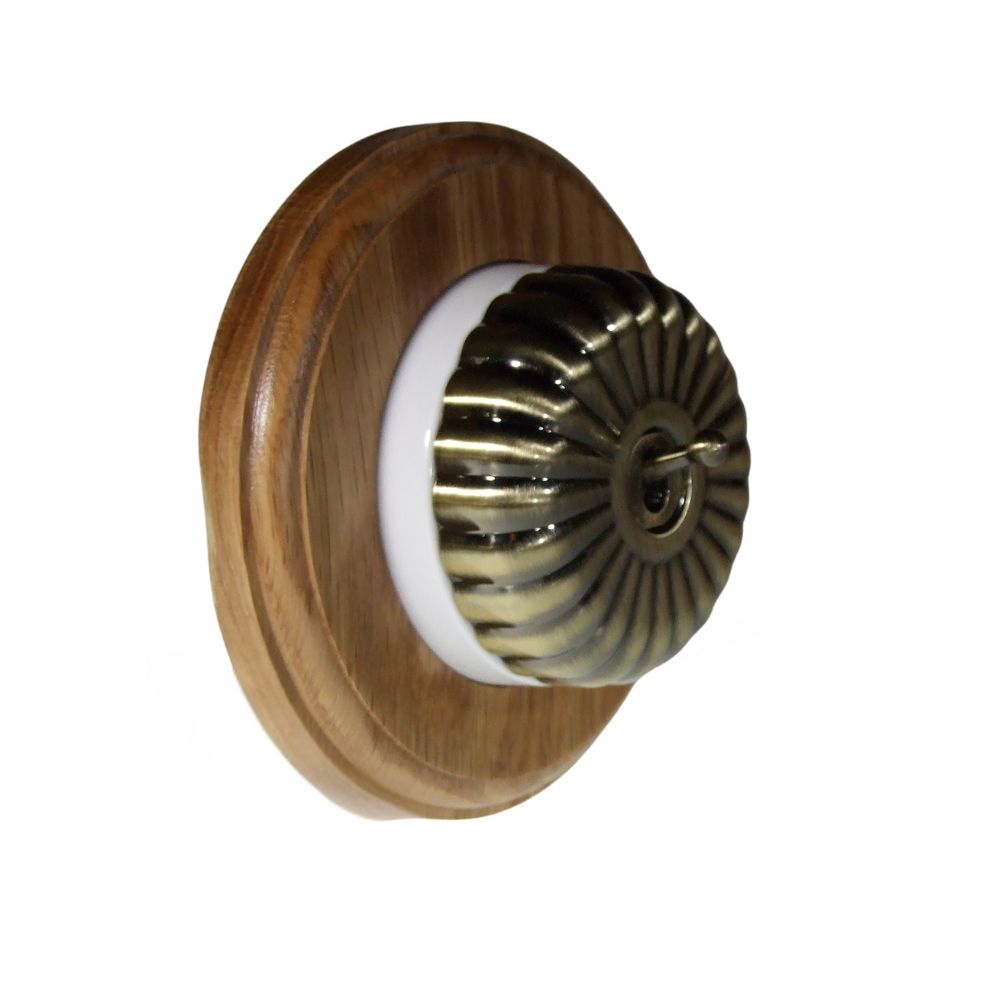Period Fluted Antique Brass Dome Single Dolly Light Switch Oak White Round Base