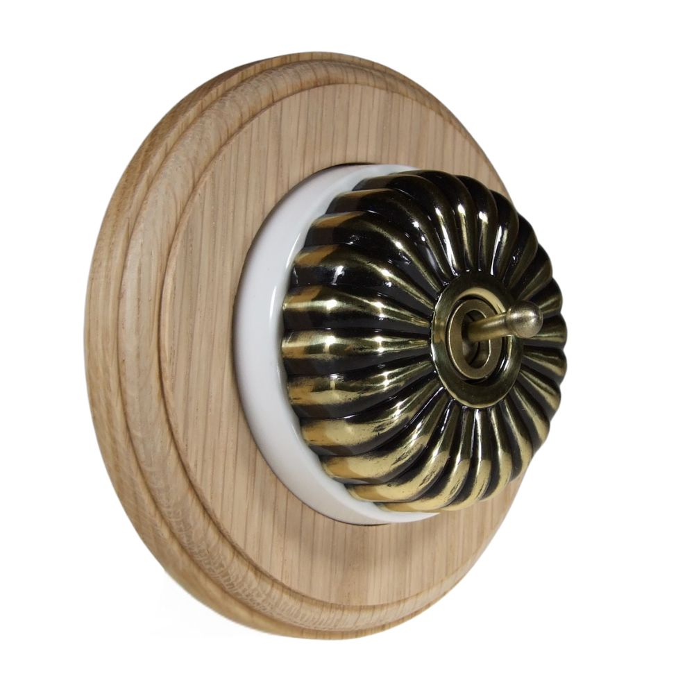 Period Fluted Antique Brass Dome Single Dolly Light Switch Unfinished Oak White Round Base