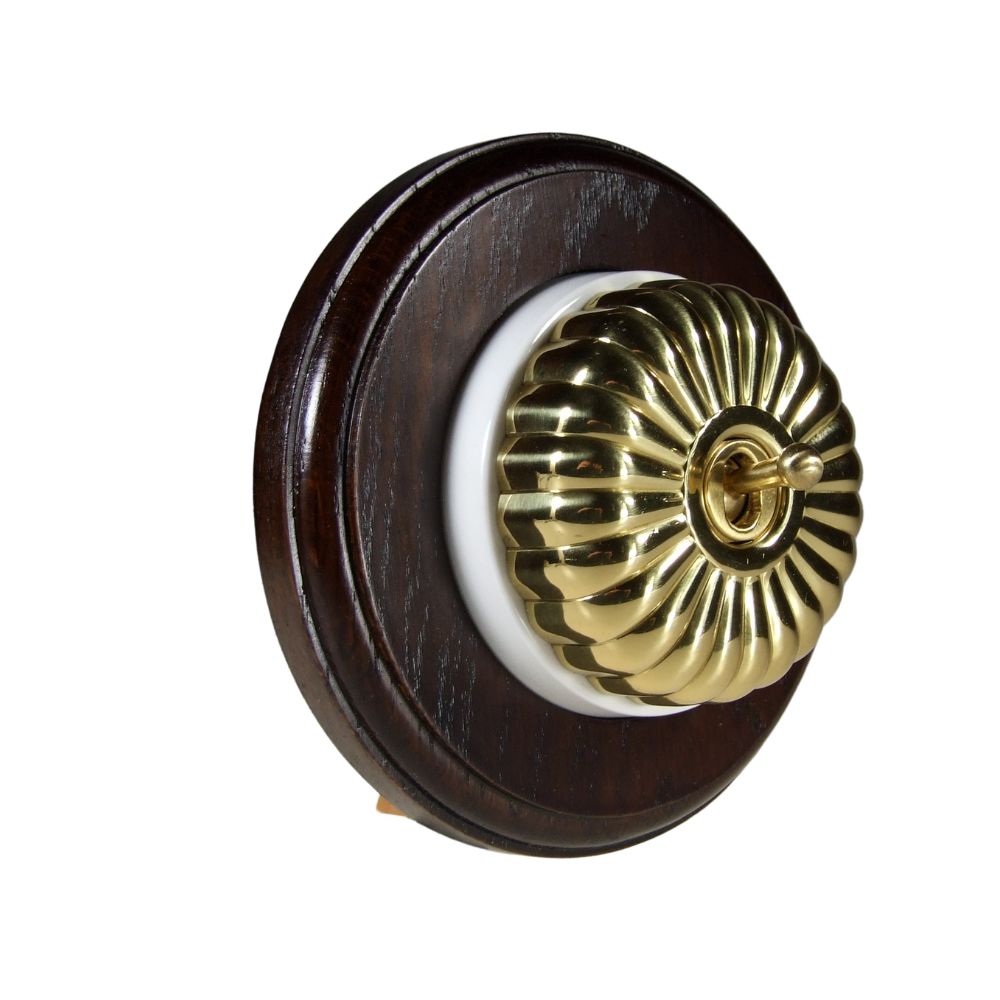 Period Fluted Polished Brass Dome Single Dolly Light Switch Dark Oak White Round Base