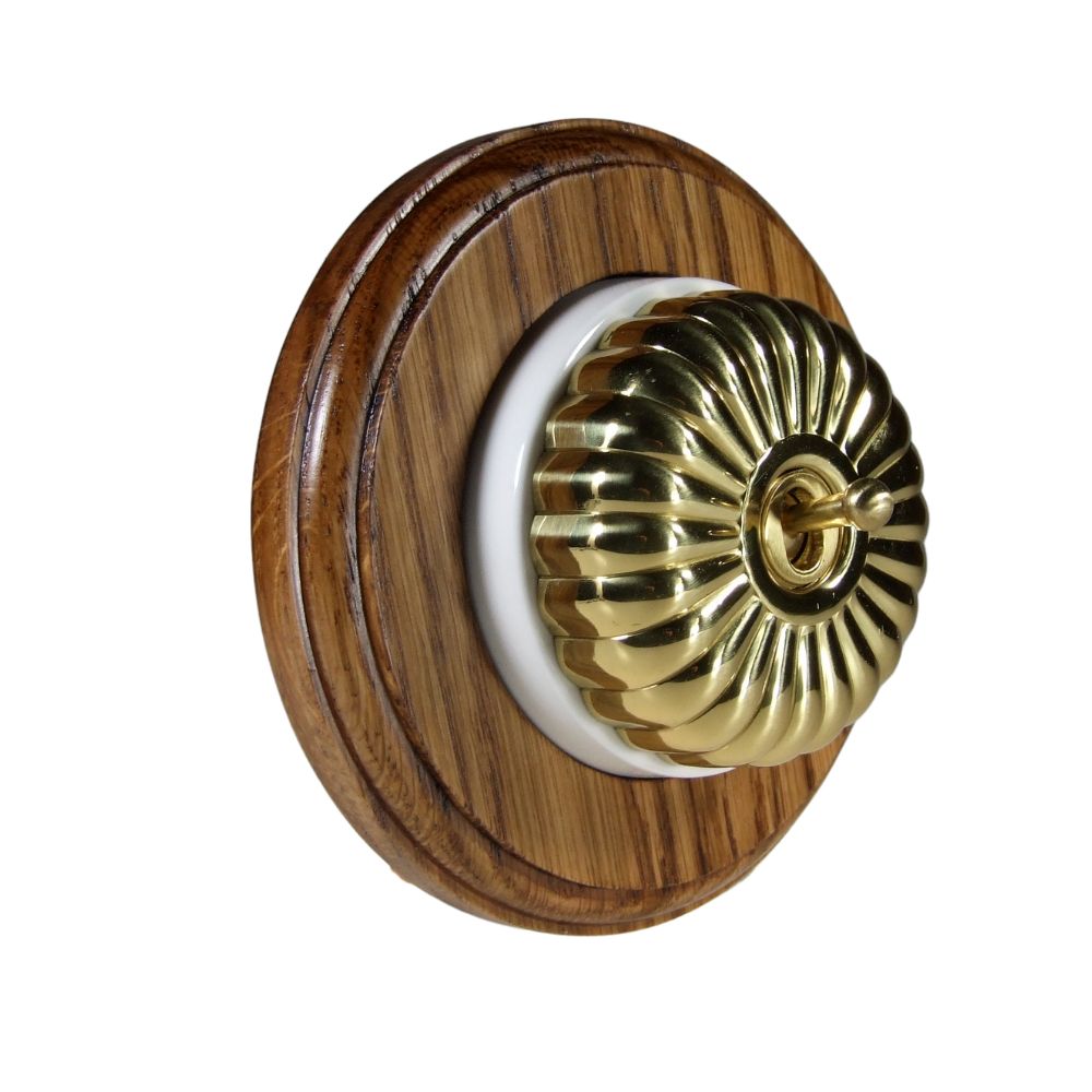Period Fluted Polished Brass Dome Single Intermediate Dolly Light Switch Medium Oak White Round Base