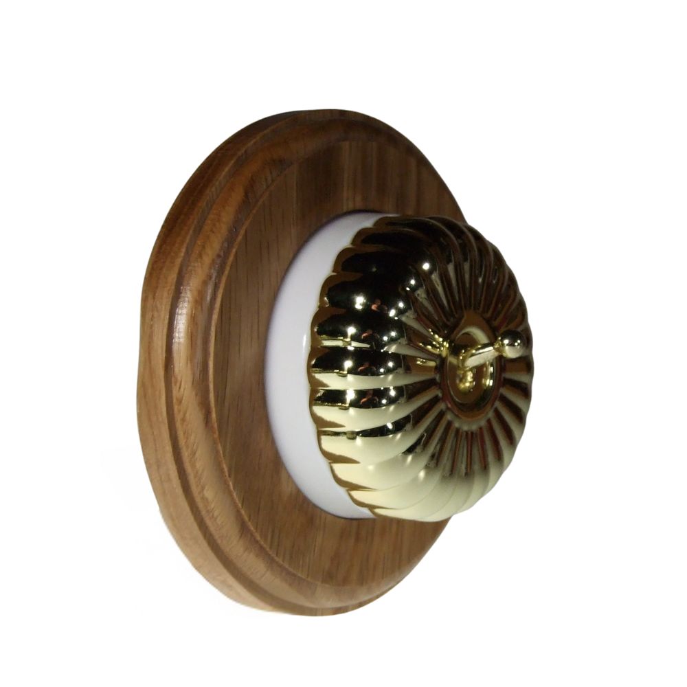 Period Fluted Polished Brass Dome Single Dolly Light Switch Oak White Round Base