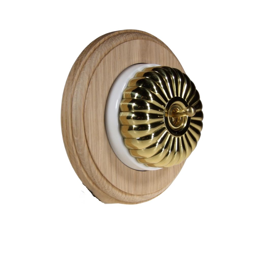 Period Fluted Polished Brass Dome Single Dolly Light Switch Unfinished Oak White Round Base