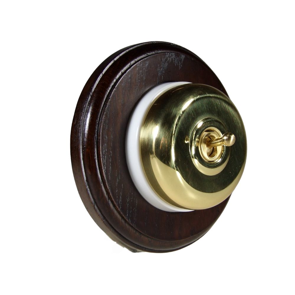 Period Smooth Polished Brass Dome Single Dolly Light Switch Dark Oak White Round Base