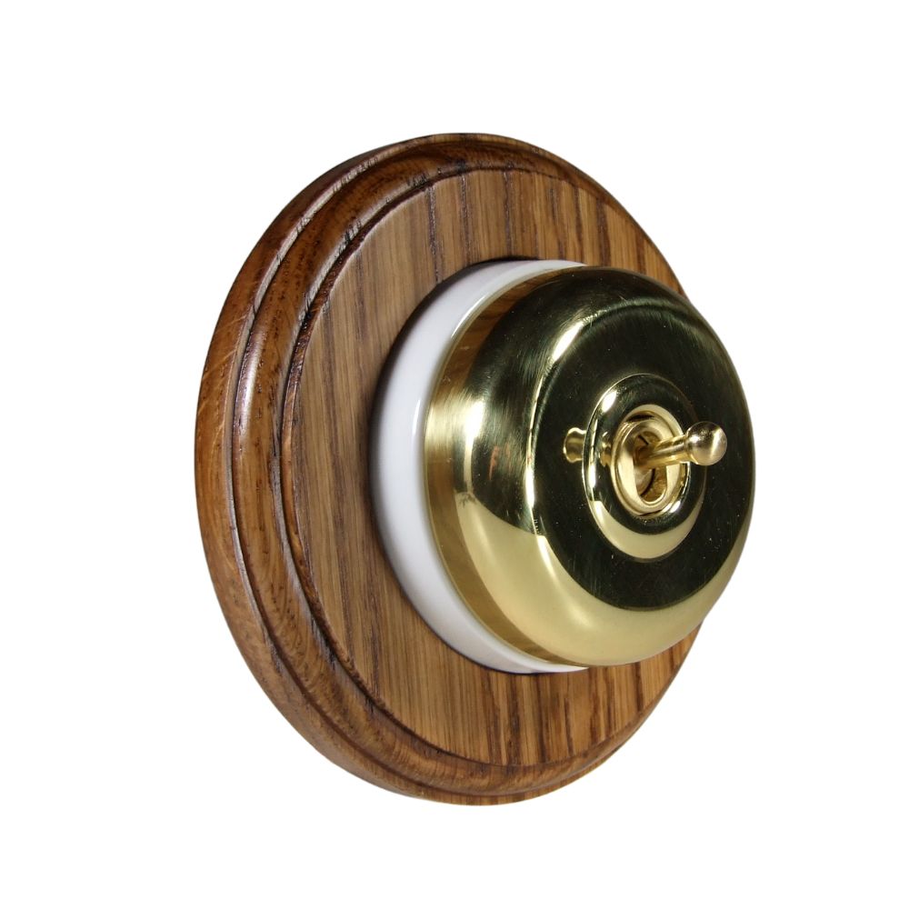 Period Smooth Polished Brass Dome Single Intermediate Dolly Light Switch Medium Oak White Round Base