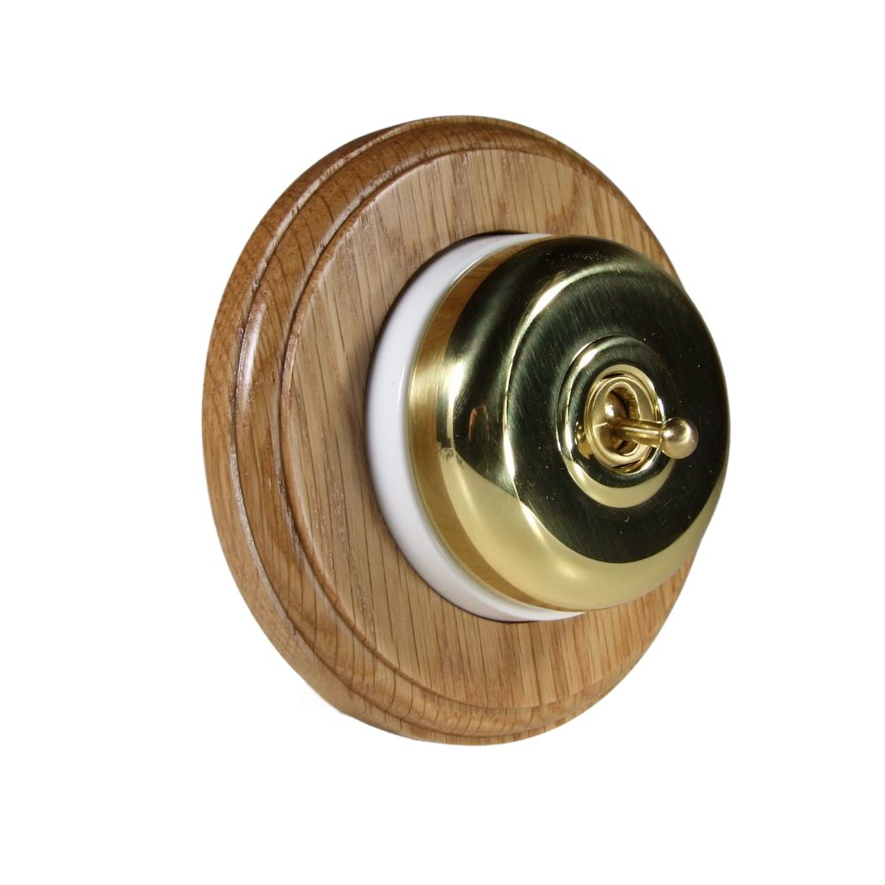Period Smooth Polished Brass Dome Single Intermediate Dolly Light Switch Oak White Round Base