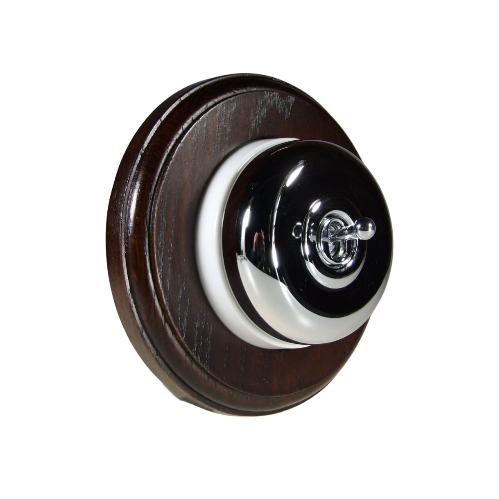Period Smooth Polished Chrome Dome Single Dolly Light Switch Dark Oak White Round Base