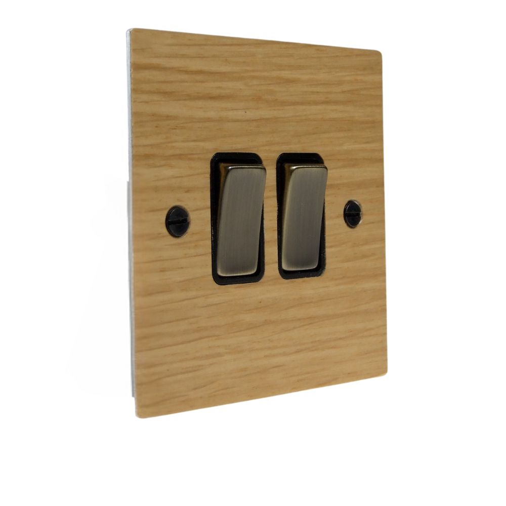 Oak Veneer Double Light Switch Antique Brass and Black