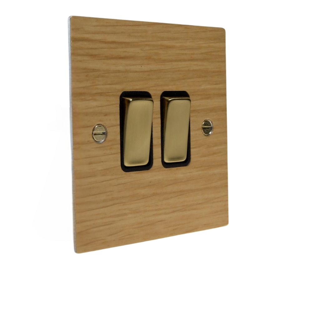 Oak Veneer Double Light Switch Polished Brass and Black