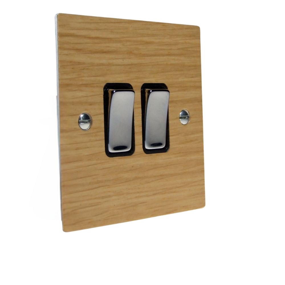 Oak Veneer Double Light Switch Polished Chrome and Black