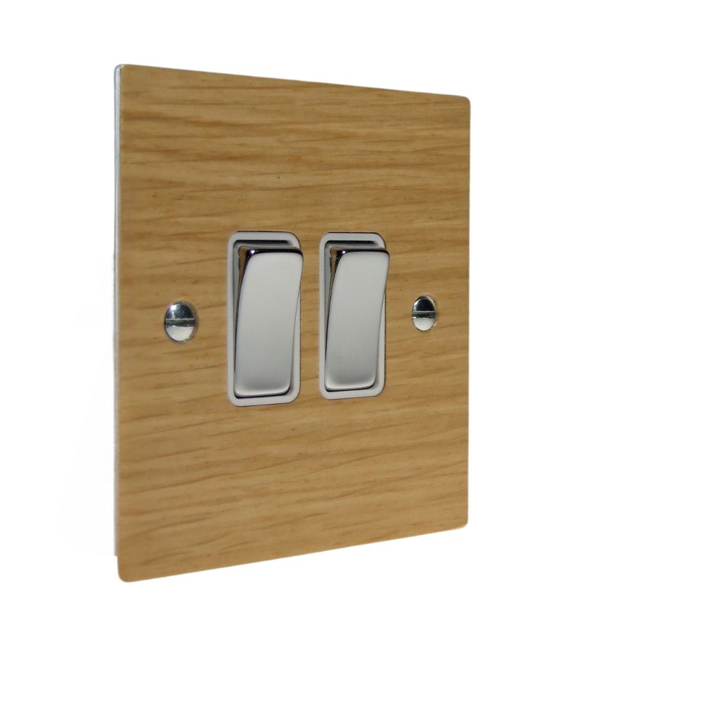 Oak Veneer Double Light Switch Polished Chrome and White