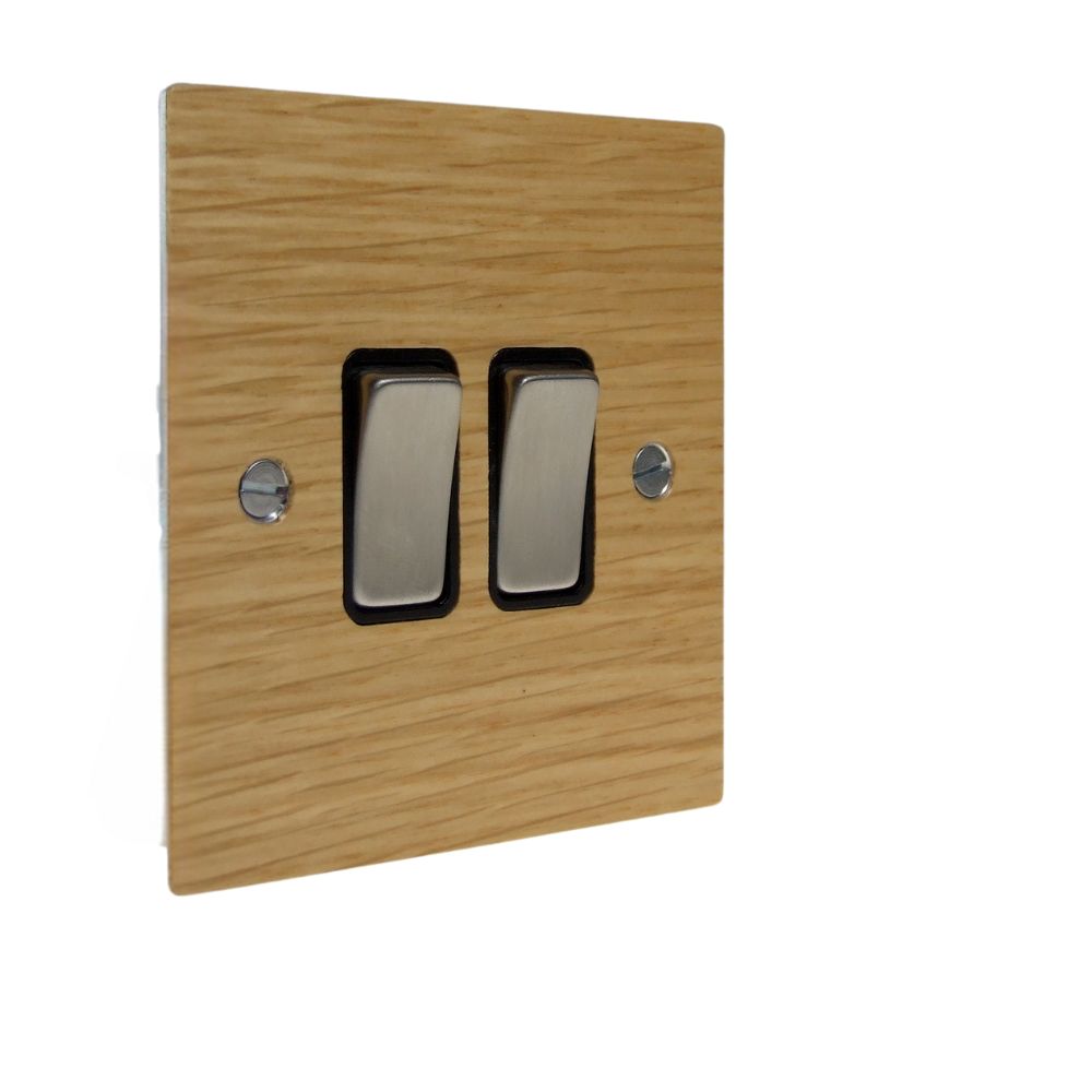 Oak Veneer Double Light Switch Satin Stainless and Black