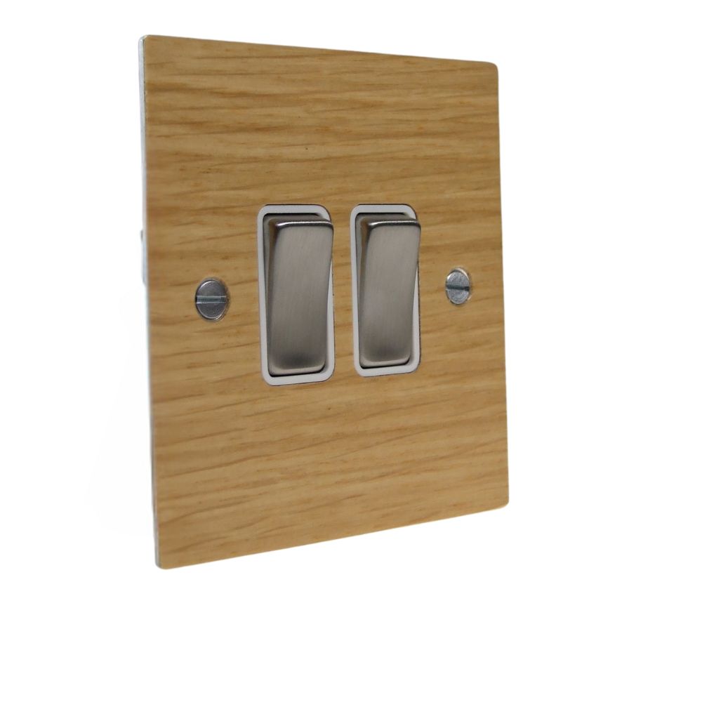 Oak Veneer Double Light Switch Satin Stainless and White